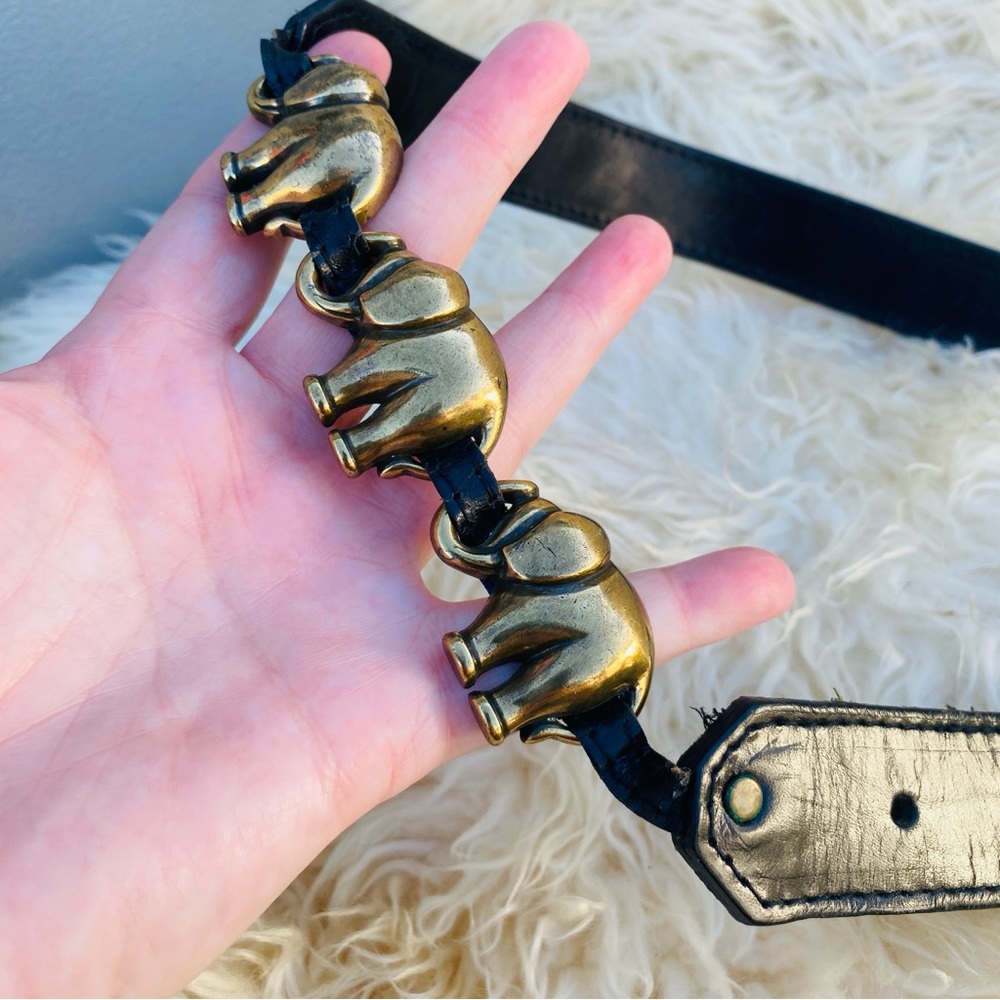 LIZ CLAIBORNE VINTAGE BLACK LEATHER elephant belt M brass 90s